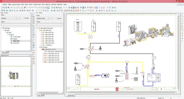 Software: Uma captura de tela do EPLAN Electric P8 - Software com todos Módulos e Licença, pronto para compra imediata na sua loja de software preferida, mostrando um diagrama esquemático elétrico. A interface apresenta uma árvore de projeto, uma variedade de componentes elétricos e conexões, com barras de ferramentas de arquivo e edição visíveis no topo.