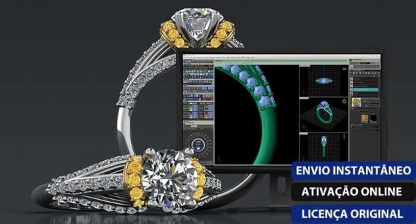 Software: Uma interface de software de design digital, identificada como Matrix 9 - Gemvision - Licença Vitalícia, é exibida em uma tela, exibindo modelos 3D de um anel de diamante. Ao redor da tela, há dois anéis físicos com grandes diamantes e pedras amarelas menores. O texto em português destaca a entrega instantânea e a opção de comprar uma licença vitalícia em uma loja de software.