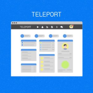 Software: Uma ilustração digital de uma interface web intitulada Teleport Pro em um fundo azul. A interface apresenta várias seções de perfil com ícones circulares e caixas de texto, lembrando uma rede social ou aplicativo de gerenciamento de contatos — perfeito para indivíduos que buscam comprar software ou gerenciar contatos com entrega imediata.