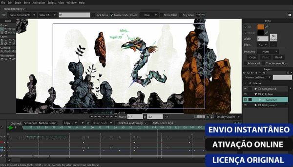 Software: Uma interface de software de animação digital mostra um personagem semelhante a um dragão entre pedras e árvores, com o texto ENVIO INSTANTÂNEO, ATIVAÇÃO ONLINE, LICENÇA ORIGINAL no canto. Experimente a entrega imediata com nosso Moho Pro 14 - Licença Permanente Atualizável de primeira linha em nossa loja de software líder.