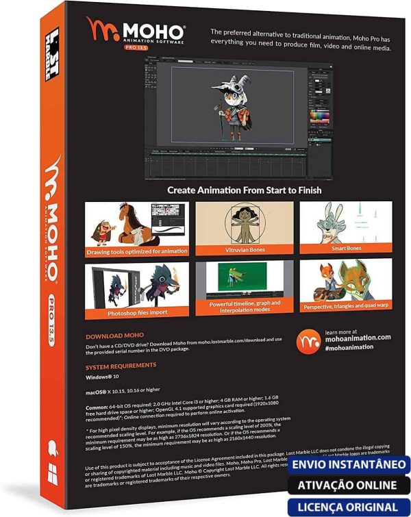 Software: A embalagem do Moho Pro 14 - Licença Permanente Atualizável enfatiza recursos como ferramentas de desenho, ferramentas de vetor e ossos inteligentes. Explore os requisitos do sistema e as instruções de download. Compre o software com entrega imediata para começar seus projetos criativos sem demora.