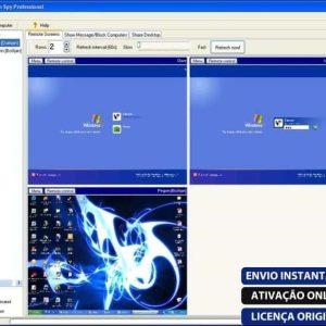 Software: Captura de tela da interface do software Classroom Spy Professional 4.7.11 de uma loja de software popular. Ela mostra várias telas de computador, cada uma com uma área de trabalho do Windows, e fornece opções para visualizar e interagir com os computadores conectados. Ideal para qualquer um que queira comprar software com entrega imediata.