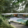 Software: Uma casa moderna de um andar com grandes janelas e um telhado branco e plano está aninhada em meio a árvores e folhagens verdejantes. Ao lado de sua piscina curva em primeiro plano, há um elemento paisagístico rochoso, ecoando a integração perfeita da natureza e do design tão facilmente quanto o Lumion 2023 – Renderização 3D em Tempo Real para Arquitetura faz com sua entrega imediata.