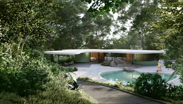 Software: Uma casa moderna de um andar com grandes janelas e um telhado branco e plano está aninhada em meio a árvores e folhagens verdejantes. Ao lado de sua piscina curva em primeiro plano, há um elemento paisagístico rochoso, ecoando a integração perfeita da natureza e do design tão facilmente quanto o Lumion 2023 – Renderização 3D em Tempo Real para Arquitetura faz com sua entrega imediata.