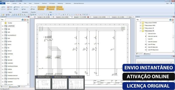 Software: Captura de tela da interface do software SEE Electrical V8R2 (Vitalício) exibindo um diagrama técnico com fiação e símbolos elétricos. Várias guias de pastas são visíveis, ao lado de rótulos proeminentes como Envio Instantâneo, Ativação Online e Licença Original - ideal para quem deseja comprar licença com entrega imediata.
