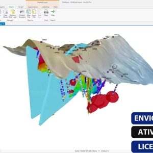 Software: A interface do ArcGIS Pro para modelagem geológica exibe um modelo de terra vividamente em camadas com estratos coloridos distintos. Suas barras de ferramentas e menus melhoram a interação do usuário, enquanto o texto destaca recursos como ENVIO INSTANTÂNEO, ATIVAÇÃO ONLINE, LICENÇA ORIGINAL — ideal para indivíduos interessados em comprar software online.