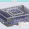 Software: Em uma tela de computador, o SCIA Engineer - Software Completo exibe um modelo arquitetônico 3D de um edifício de vários andares com estrutura de aço detalhada e elementos estruturais. Ao redor do modelo intrincado estão várias ferramentas de design e opções da interface do software, disponíveis na loja de software.