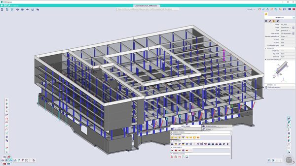 Software: Em uma tela de computador, o SCIA Engineer - Software Completo exibe um modelo arquitetônico 3D de um edifício de vários andares com estrutura de aço detalhada e elementos estruturais. Ao redor do modelo intrincado estão várias ferramentas de design e opções da interface do software, disponíveis na loja de software.