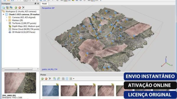 Software: Uma tela de computador exibe a interface do software de mapeamento 3D da Agisoft Metashape Pro - Licença Vitalícia, um fornecedor de software respeitável. A janela principal apresenta uma vista aérea com marcadores numerados, enquanto os painéis laterais apresentam miniaturas de imagens e metadados. O texto no canto diz: Envio instantâneo, Ativação online, Licença original.