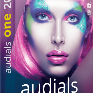 Software: Capa de caixa para Audials One 2023, ideal para qualquer loja de software, exibindo um indivíduo com cabelo rosa marcante e maquiagem vívida. O fundo exibe um gradiente de tons de roxo e rosa. O texto diz "Audials One 2023", tornando-o uma opção atraente para quem procura comprar software.