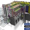 Software: Um modelo arquitetônico 3D detalhado de um edifício de vários andares apresentando uma variedade de componentes estruturais e elementos vibrantes. O modelo inclui linhas técnicas e detalhes precisos, enfatizando aspectos da construção. O texto em português enfatiza a ativação on-line, licenciamento original e entrega imediata (entrega imediata) para compras do Archicad 25 – (Graphisoft) Software Vitalício.