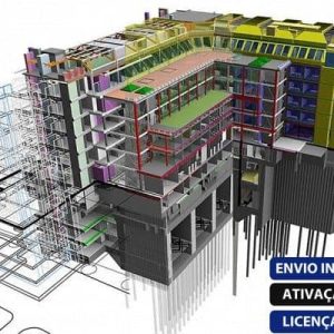 Software: Um modelo arquitetônico 3D detalhado de um edifício de vários andares apresentando uma variedade de componentes estruturais e elementos vibrantes. O modelo inclui linhas técnicas e detalhes precisos, enfatizando aspectos da construção. O texto em português enfatiza a ativação on-line, licenciamento original e entrega imediata (entrega imediata) para compras do Archicad 25 – (Graphisoft) Software Vitalício.