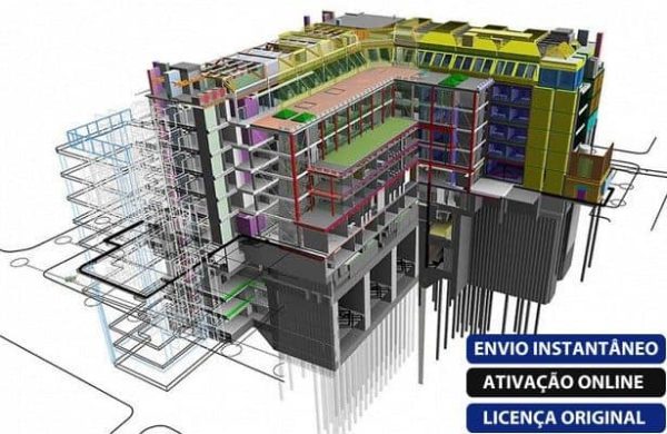 Software: Um modelo arquitetônico 3D detalhado de um edifício de vários andares apresentando uma variedade de componentes estruturais e elementos vibrantes. O modelo inclui linhas técnicas e detalhes precisos, enfatizando aspectos da construção. O texto em português enfatiza a ativação on-line, licenciamento original e entrega imediata (entrega imediata) para compras do Archicad 25 – (Graphisoft) Software Vitalício.