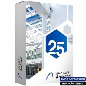 Software: Caixa do Archicad 25 – (Graphisoft) Software Vitalício com projeto arquitetônico moderno estampado na capa. O texto destaca o GRAPHISOFT Archicad, com Ativação Online e Licença Original. Aproveite a entrega imediata ao comprar licença para começar a projetar instantaneamente.