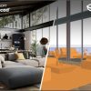 Software: Um design de interiores moderno é dividido em duas metades: o lado esquerdo apresenta um espaço de estar e jantar totalmente renderizado, completo com móveis e decoração, enquanto o lado direito exibe um modelo de wireframe laranja da mesma área. Os logotipos do Archicad 28 e do Enscape 4.1 são visíveis, ideais para quem procura comprar licença em uma loja de software.