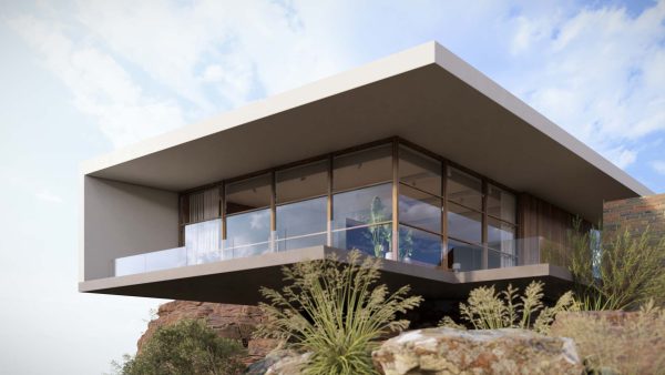 Software: Uma casa moderna em balanço com janelas de vidro expansivas se estende sobre uma paisagem rochosa, espelhando o design elegante do Lumion 2023 – Renderização 3D em Tempo Real para Arquitetura. A estrutura angular, completa com um telhado plano, está aninhada entre arbustos e pedras sob um céu parcialmente nublado.