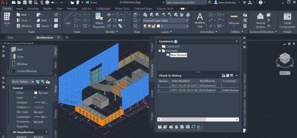 Software: Uma tela de computador exibe o Autodesk AutoCAD Architecture 2024, disponível para compra imediatamente, apresentando um modelo 3D de um edifício com paredes azuis e laranja, juntamente com barras de ferramentas e um painel de navegação de projeto exibindo o histórico de check-in.