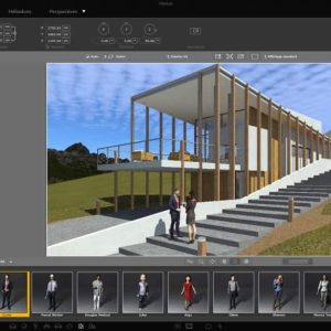 Software: Usando o Artlantis 2021 para macOS, a interface do software de modelagem 3D mostra um edifício moderno com grandes janelas de vidro e detalhes em madeira situado em uma colina gramada. A loja de software fornece várias ferramentas e opções de entrega imediata, com modelos de personagens exibidos de forma organizada na parte inferior para aprimorar a visualização do design.