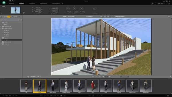 Software: Usando o Artlantis 2021 para macOS, a interface do software de modelagem 3D mostra um edifício moderno com grandes janelas de vidro e detalhes em madeira situado em uma colina gramada. A loja de software fornece várias ferramentas e opções de entrega imediata, com modelos de personagens exibidos de forma organizada na parte inferior para aprimorar a visualização do design.