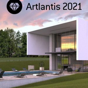 Software: Uma casa moderna com janelas de vidro expansivas e uma piscina com espreguiçadeiras ao redor está situada em um cenário de árvores e um pôr do sol vibrante. O logotipo Artlantis 2021 para macOS, representado por um diamante, aparece no céu e está pronto para entrega imediata através da sua loja de software preferida.