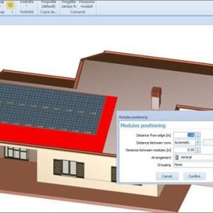 Software: A interface do software apresenta um modelo 3D de uma casa com um painel solar no telhado. Uma caixa de diálogo intitulada 