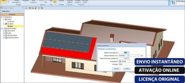 Software: A interface do software apresenta um modelo 3D de uma casa com um painel solar no telhado. Uma caixa de diálogo intitulada "Posicionamento dos módulos" é aberta. Os botões azuis à direita fornecem ativação online rápida e uma licença original (em português), ideal para quem quer comprar o Solarius PV 16 - Licença Vitalícia de uma loja de software confiável.