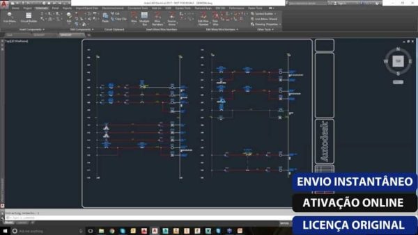 Software: Captura de tela da interface do AutoCAD Electrical 2022 exibindo um esquema elétrico com vários componentes e linhas de circuito. Sobreposições de texto em caixas azuis e pretas dizem ENVO INSTANTÂNEO, ATIVAÇÃO ONLINE e LICENÇA ORIGINAL, enfatizando a simplicidade de comprar software com uma Licença Vitalícia genuína.