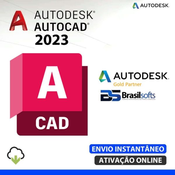 Software: Imagem promocional do Autodesk AutoCAD 2023 - Software Vitalício Original exibindo os logotipos da Autodesk e da Brasilsofts, identificada como Autodesk Gold Partner. A imagem inclui ícones indicando ativação online e entrega imediata, facilitando a compra instantânea de software em uma loja de software confiável.