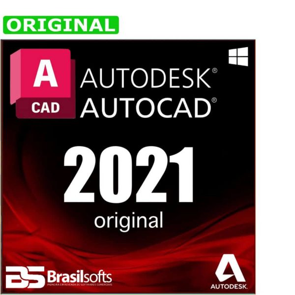 Software: A capa do AutoCAD 2021 - Software Vitalício Original c/ NF traz o logotipo e a identidade visual da Autodesk, destacados por um banner verde "Original", e exibe o logotipo da Brasilsofts no canto inferior esquerdo. Ideal para quem busca comprar uma licença com entrega imediata para seus projetos.