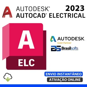 Software: Uma imagem promocional do Autodesk AutoCAD Electrical 2023 apresenta logotipos de software e um ícone de download. O texto enfatiza 