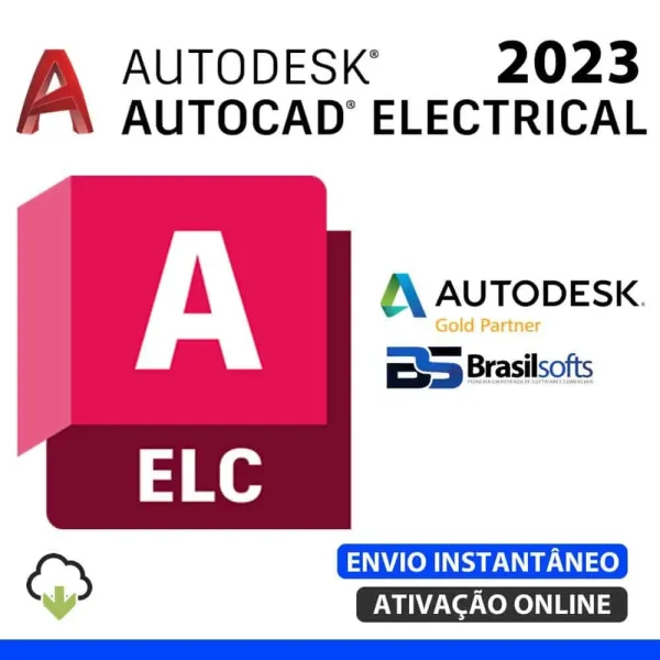 Software: Uma imagem promocional do Autodesk AutoCAD Electrical 2023 apresenta logotipos de software e um ícone de download. O texto enfatiza "Entrega Imediata" e "Ativação Online", juntamente com logotipos de parceiros representando um Autodesk Gold Partner e a Brasilsofts. Ideal para indivíduos que buscam comprar software de uma loja de software confiável.