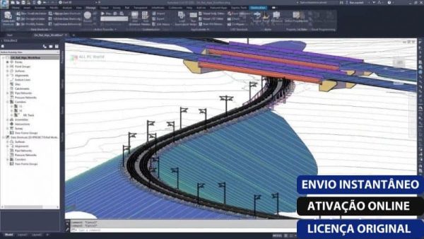 Software: Captura de tela da interface do AutoCAD Civil 3D 2022 exibindo um modelo 3D de uma ferrovia sinuosa com postes em uma paisagem contornada. O texto sobreposto em português diz Envio Instantâneo, Ativação Online, Licença Original. Perfeito para quem quer comprar software AutoCAD com facilidade e autenticidade.