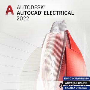 Software: Imagem de capa do AutoCAD Electrical 2022 - Licença Vitalícia com um design geométrico abstrato vermelho e branco, ideal para quem quer comprar software. Inclui texto promocional destacando ativação online instantânea e uma licença original, disponível na sua loja de software preferida.