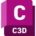 Software: Logotipo do AutoCAD Civil 3D, apresentando um C estilizado em branco sobre um fundo magenta, com C3D escrito abaixo. Ideal para quem busca comprar software especializado em projeto de engenharia civil.