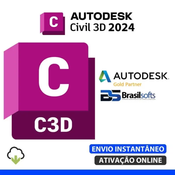 Software: Imagem promocional do Autodesk Civil 3D 2024 | Software Vitalício, com os logotipos da Autodesk, Brasilsofts e um prestigiado selo Gold Partner. Ideal para quem quer comprar software de uma loja de software de renome. O design inclui ícones para entrega instantânea e ativação online em um elegante tema roxo e branco.