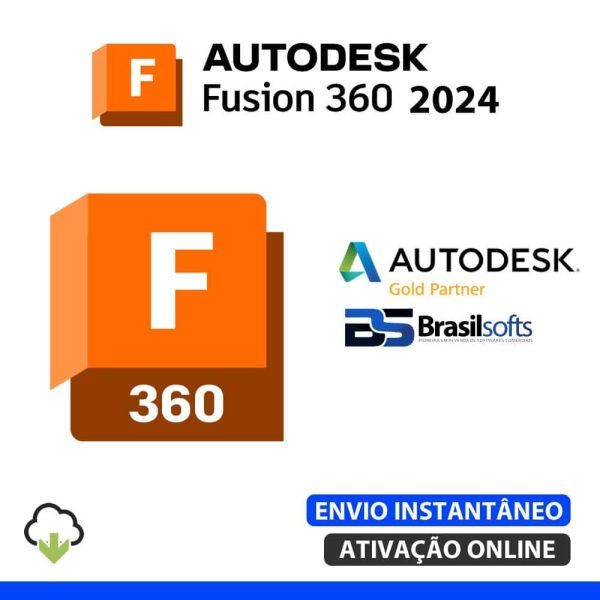 Software: Imagem do logotipo do Autodesk Fusion 360 2024 | Software Vitalício ao lado dos logotipos Autodesk Gold Partner e Brasilsofts. O texto abaixo diz "ENVIO INSTANTÂNEO ATIVAÇÃO ONLINE" acompanhado de um ícone de nuvem no canto inferior esquerdo, ideal para quem deseja adquirir uma licença em uma loja de software confiável com entrega imediata.