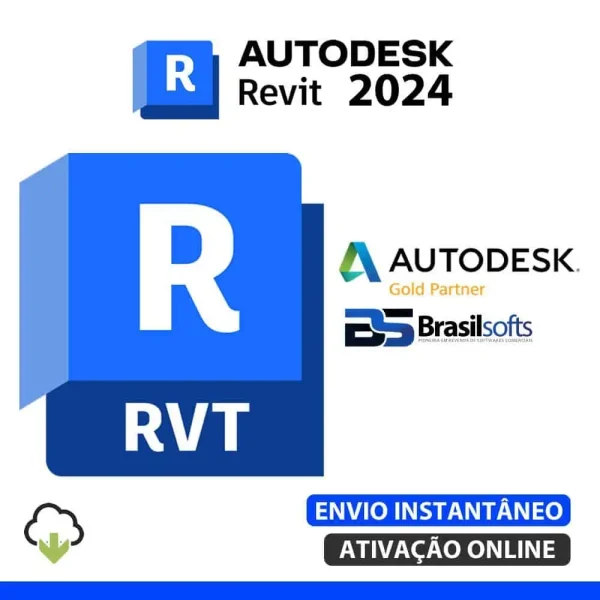 Software: Ilustração do Autodesk Revit 2024 | Software Vitalício, apresentando logotipo e ícone R. Exibe texto indicando Autodesk Gold Partner e Brasilsofts. Detalhes adicionais incluem Envio Instantâneo e Ativação Online com ícone de download na nuvem, perfeito para quem deseja comprar licença de uma loja de software confiável.