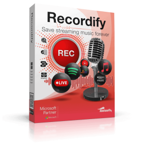Software: A imagem apresenta uma caixa de produto Recordify decorada com gráficos de um microfone, ícones de música e a frase "Salve streaming de música para sempre". O design vermelho e branco enfatiza logotipos como Spotify e Amazon Music. É perfeito para qualquer um que queira comprar software em sua loja de software preferida.