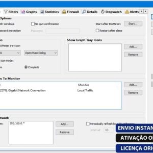 Software: Captura de tela do software BWMeter 9.0.2 exibindo configurações para opções gerais, ícones de bandeja, interfaces para monitorar e detalhes de rede local. Para aqueles interessados em comprar o software, observe os botões no canto inferior direito rotulados ENVIO INSTANTÂNEO, ATIVAÇÃO ONLINE e LICENÇA ORIGINAL para entrega imediata.