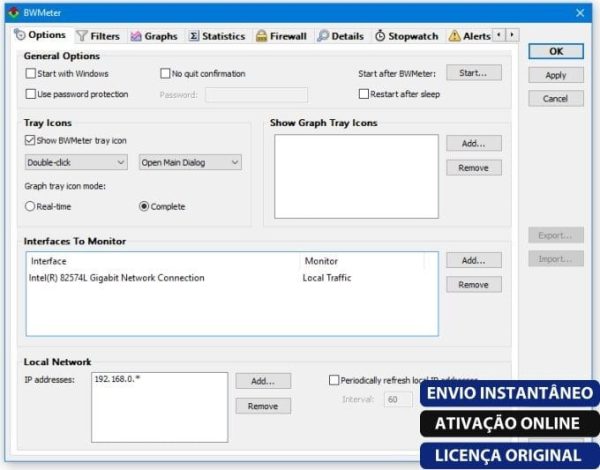 Software: Captura de tela do software BWMeter 9.0.2 exibindo configurações para opções gerais, ícones de bandeja, interfaces para monitorar e detalhes de rede local. Para aqueles interessados em comprar o software, observe os botões no canto inferior direito rotulados ENVIO INSTANTÂNEO, ATIVAÇÃO ONLINE e LICENÇA ORIGINAL para entrega imediata.