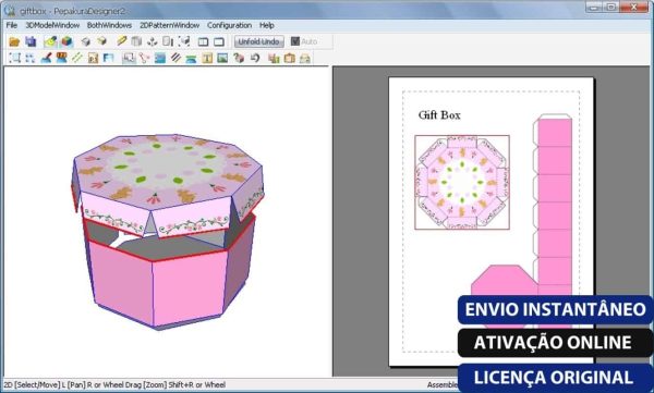 Software: Em uma tela de computador, o Pepakura Designer 4.2.4 mostra um projeto aberto de uma caixa de presente hexagonal rosa decorada com padrões florais. Um modelo 2D aparece à direita, acompanhado de sobreposições de texto no canto inferior direito. Ideal para indivíduos que buscam entrega imediata em soluções de design.