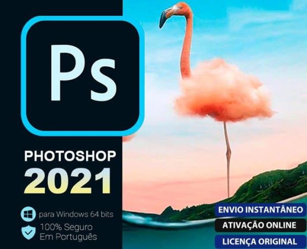 Software: A capa do Photoshop CC 2023 - VITALÍCIO exibe uma imagem surreal de um flamingo rosa empoleirado em uma nuvem acima da paisagem. O texto em português destaca recursos como Windows 64 bits, 100% seguro, ativação online, entrega imediata e uma licença original. Compre uma licença para acesso instantâneo à criatividade.