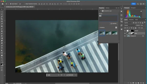 Software: Uma captura de tela da interface do Adobe Photoshop 2024 - Completo com Licença mostra uma foto aérea de uma ponte cheia de pessoas, incluindo crianças carregando mochilas. A foto está aberta para edição, com camadas e painéis de ajuste visíveis à direita — perfeito para quem quer comprar software.