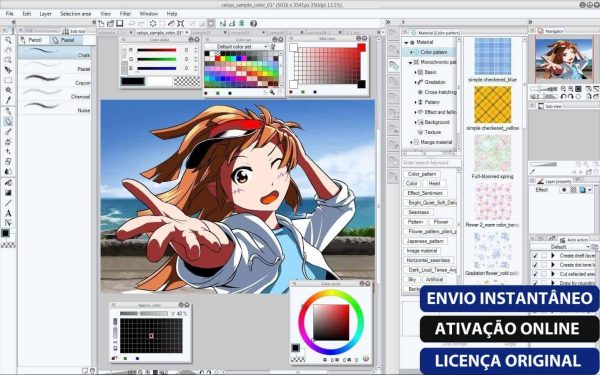 Software: Explore a interface do Clip Studio Paint EX 2.2.1, apresentando um desenho digital de uma personagem feminina de anime com uma mão estendida. Ao redor do espaço de trabalho há várias ferramentas e paletas de cores. Sobreposição de texto: Entrega Imediata, Ativação Online, Licença Original. Descubra esta oferta exclusiva em nossa loja de software hoje mesmo!