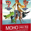 Software: Capa do software de animação Smith Micro Moho Pro 14. Apresenta personagens animados, incluindo uma garota em uma criatura, um piloto com asas e um personagem de terno com um crocodilo. Ideal para profissionais e artistas digitais que buscam comprar software com entrega imediata.
