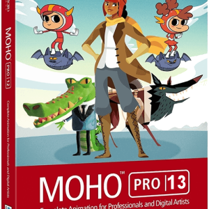 Software: Capa do software de animação Smith Micro Moho Pro 14. Apresenta personagens animados, incluindo uma garota em uma criatura, um piloto com asas e um personagem de terno com um crocodilo. Ideal para profissionais e artistas digitais que buscam comprar software com entrega imediata.