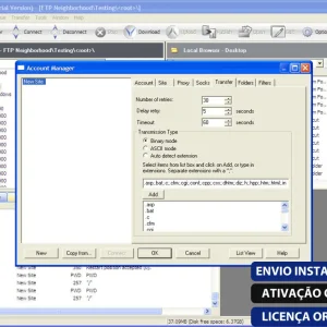 Software: Captura de tela da interface do ConcordFTP: A janela do Account Manager exibe detalhes da conta, como host, configurações de atraso e tipo de transmissão. Arquivos e diretórios são visíveis no fundo. Os rótulos de texto dizem ENVIO INSTANTÂNEO e LICENÇA ORIGINAL, enfatizando opções para entrega imediata ou compra de uma licença para o ConcordFTP.