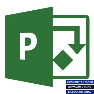 Software: Descrição do MS Project 2019 (Microsoft Project Professional): O logotipo apresenta um fundo verde com um "P" branco seguido por uma seta apontando para um formato de diamante. No canto inferior direito, há rótulos azuis com texto branco que diz: ENVIO INSTANTÂNEO, ATIVAÇÃO ONLINE, LICENÇA ORIGINAL. Ideal para indivíduos que buscam comprar software de uma loja de software confiável.