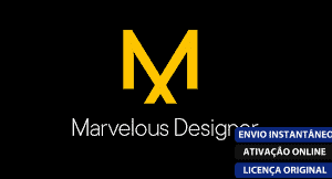 Software: Logotipo para Marvelous Designer 11 Enterprise exibindo um M amarelo estilizado em um fundo preto. Abaixo, o texto diz Marvelous Designer 11 Enterprise - Licença Vitalícia. Os rótulos azul e branco em português enfatizam entrega imediata, ativação online e licença original, tornando-o ideal para qualquer um que queira comprar software de uma loja de software confiável.