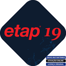 Software: Um logotipo escuro em formato de diamante apresenta o texto "ETAP 19" em vermelho marcante. Linhas de rede azul-claro entrelaçam-se intrincadamente no canto inferior direito, incorporando o espírito de uma loja de software. Abaixo, pequenas tags em azul e preto dizem: "Envio Instantâneo", "Ativação Online" e "Licença Original".